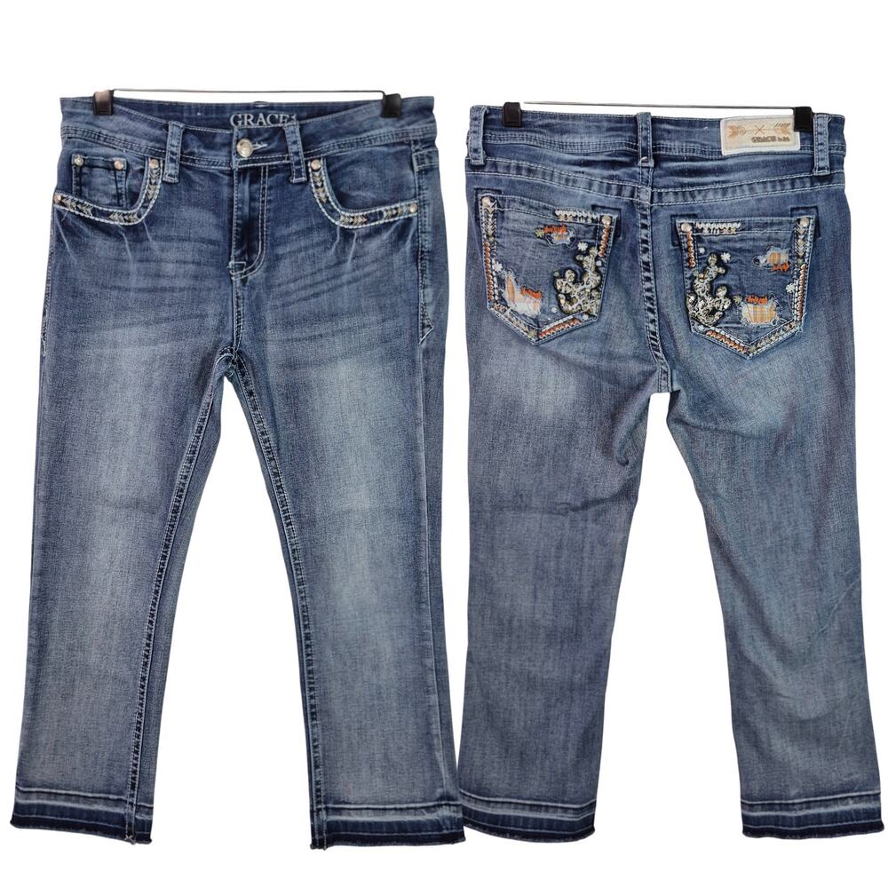 Grace In LA Blue Denim Jeans Distressed Raw Hem Embroidered Pockets Mid Rise 28